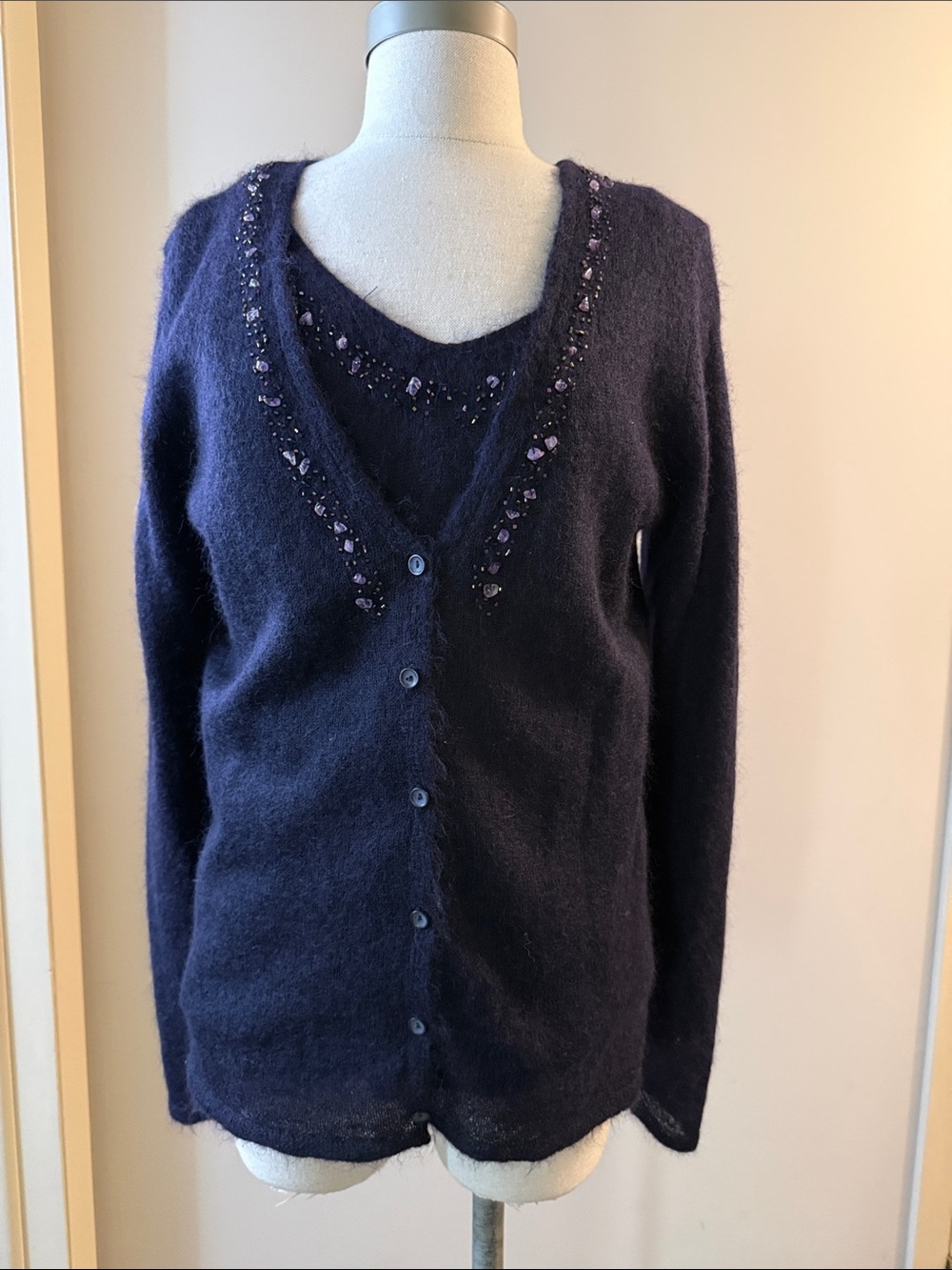 Dana Buchman Navy Beaded V-Neck Mohair Blend Cardigan